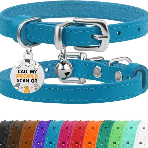 Leather Pet Collar w/Removable Bells & QR Tag
